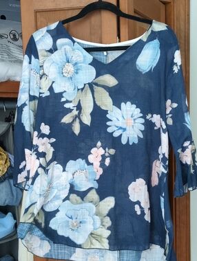 Light weight Blouse, Navy & Light Blue Flowers